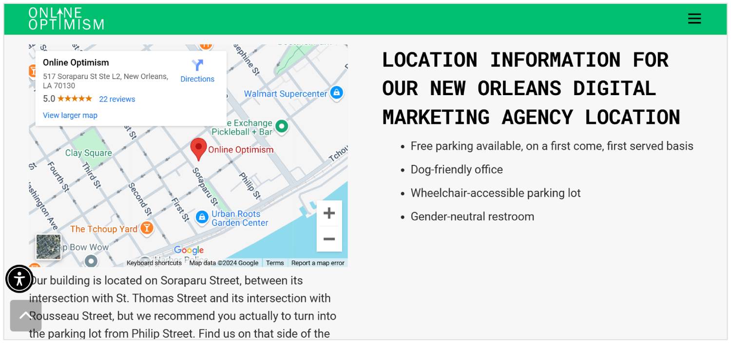 Sito web di Online Optimism con Google Maps incorporato